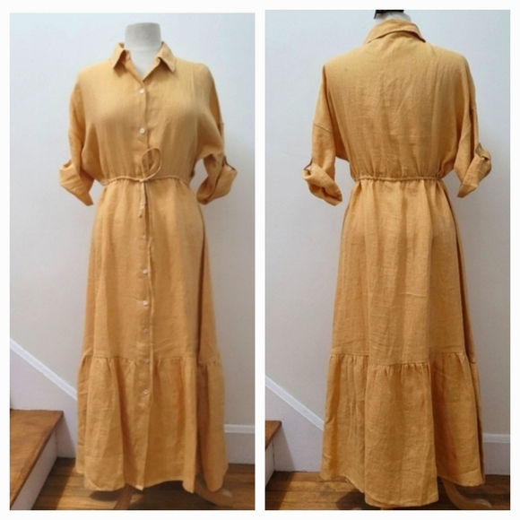 NWOT CHARLIE B 100% Linen Short Sleeves Tiered Shirt Maxi Dress Medium - Picture 2 of 6